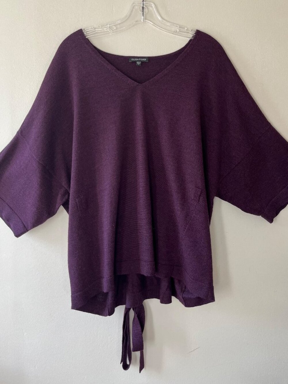 Eileen Fisher Sz XL Purple V Neck Merino Wool Pullover Blouse Tunic Sweater Belt